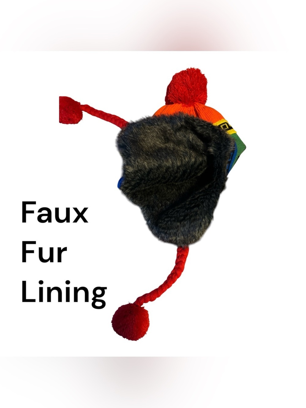 Grateful Dead Rainbow Knit Pom-Pom, Faux Fur Lined Flap Hat with Tassels - NWT - Picture 3 of 9